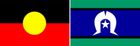 Two flags , one red and yellow and one blue and green , are next to each other.