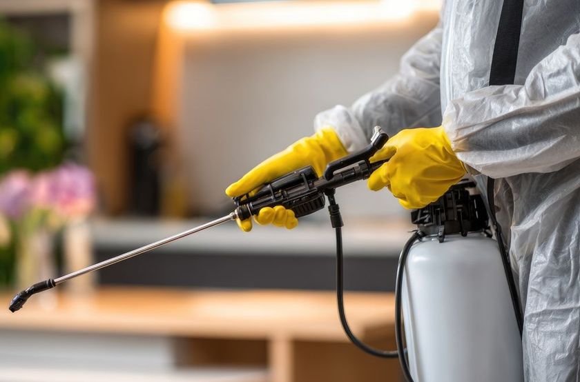 Person in protective suit, spraying a disinfectant.