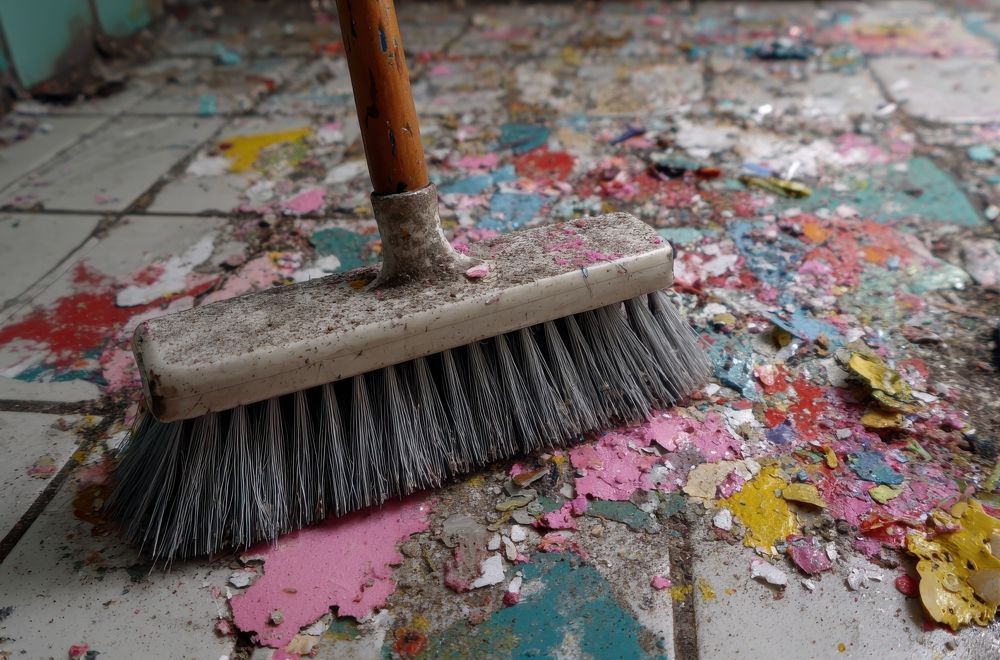 Broom rests on floor covered in colorful paint chips.