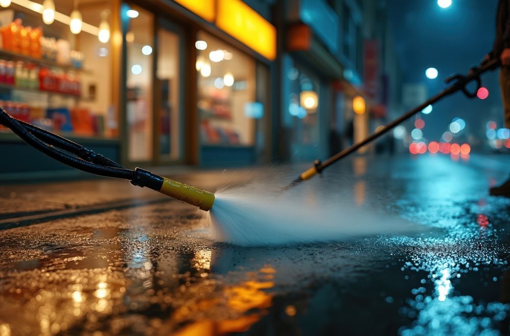 Street being power washed at night with city storefront in background.