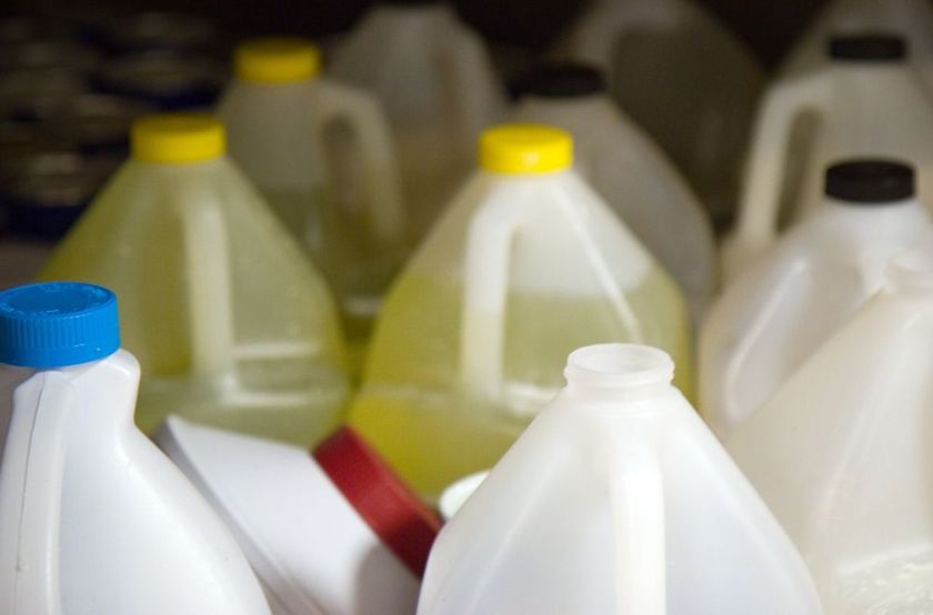 Plastic jugs of cleaning products, mostly white with yellow or blue lids.