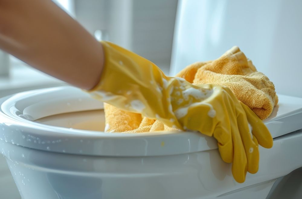 Person wearing yellow gloves cleans a toilet with a yellow sponge.