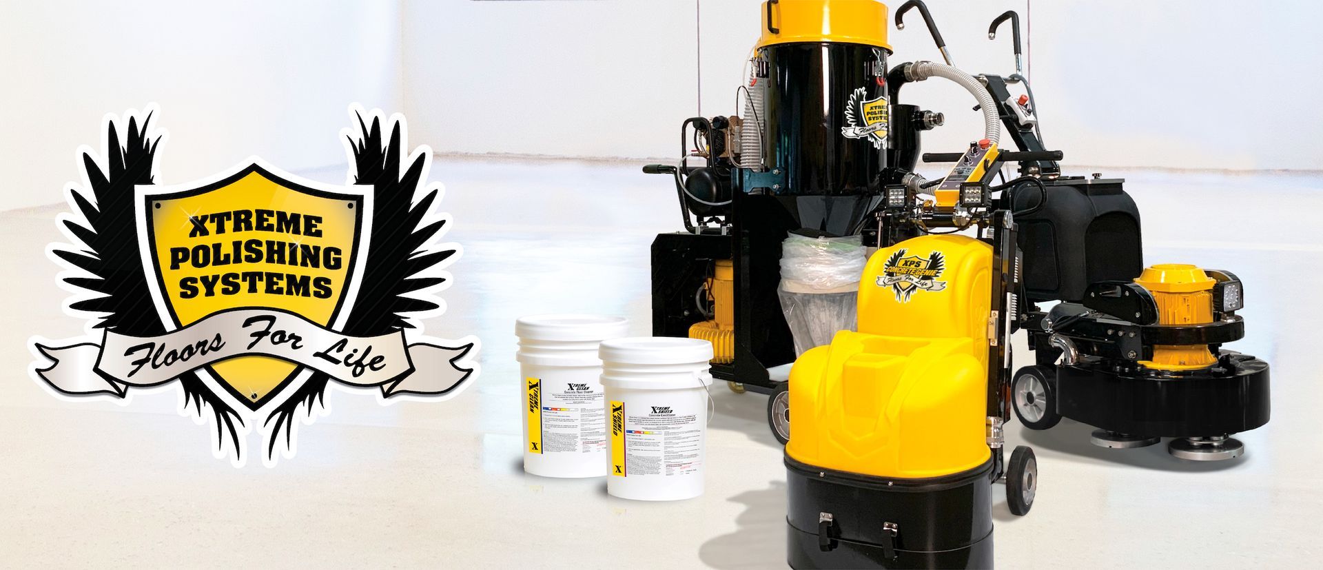 Xtreme Polishing Systems logo with yellow and black equipment for polishing floors on a light background.