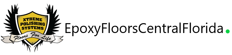 Logo for Epoxy Floors Central Florida featuring a shield, wings, banner, and text in black and gold.