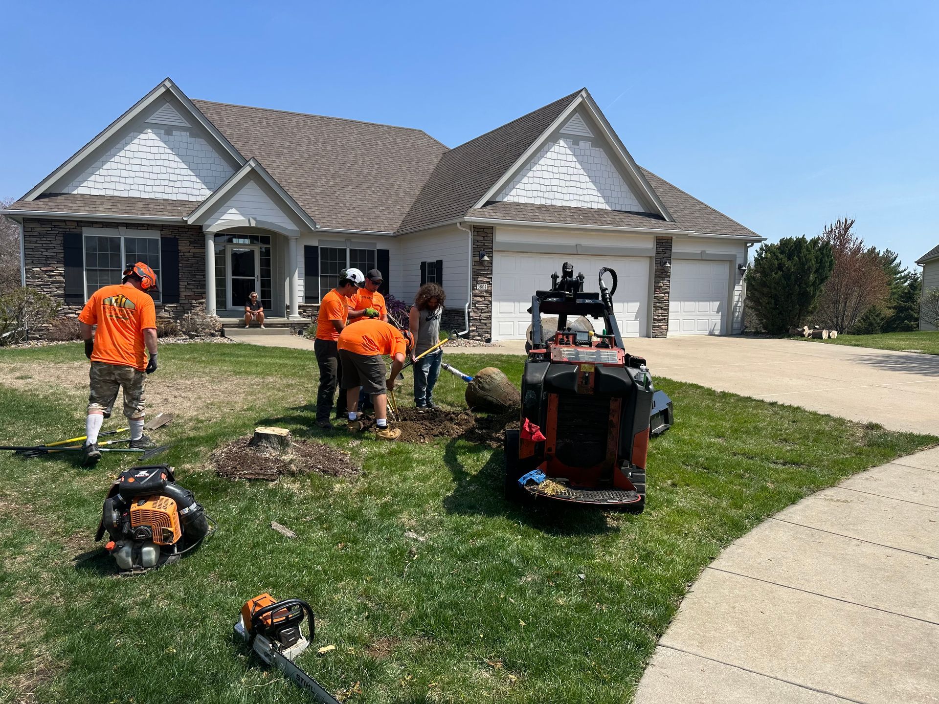 Tree trimming service in residential yard
