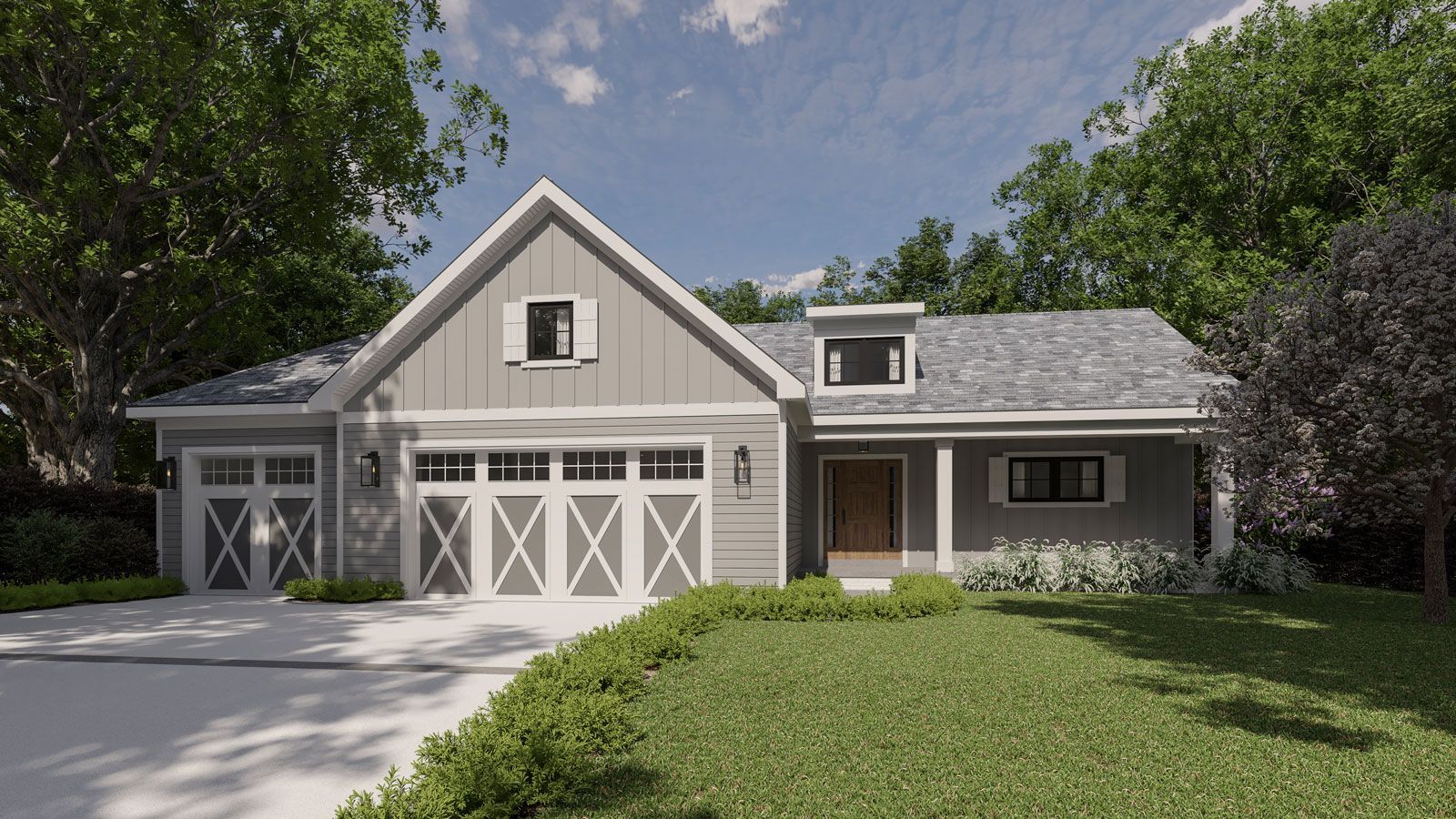 Grey farmhouse with white trim, garage, front porch, and green lawn.