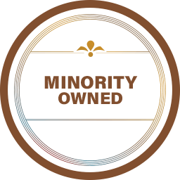 A circular brown emblem with the text