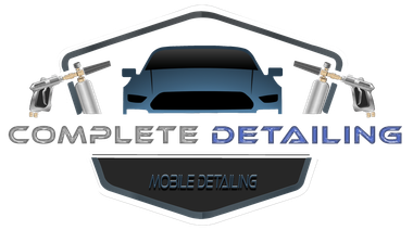Complete Detailing logo with a blue car and detailing tools on a black badge background