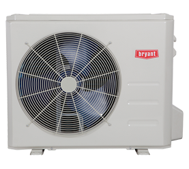A white bryant air conditioner with a large fan
