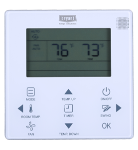 A bryant thermostat displays a temperature of 76 degrees