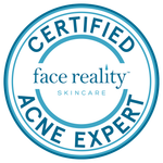 Certified Acne Expert Face Reality Skincare logo in blue and white circular seal