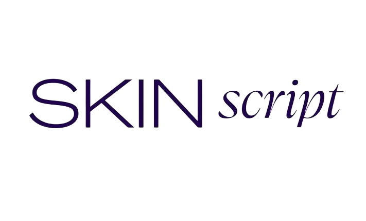 SKIN script logo in dark purple text on a white background