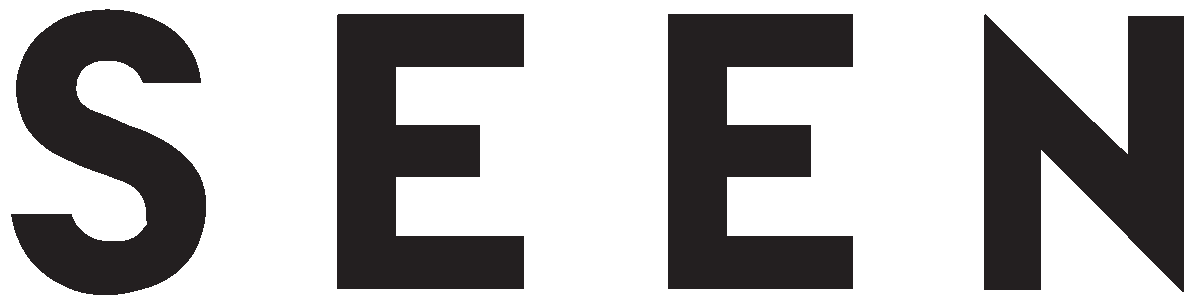 Black capital letters spelling “SEEN” on a white background.