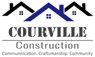Courville Construction logo with black and blue roofline houses and the tagline &ldquo;Communication. Craftsmanship. Community.&rdquo;