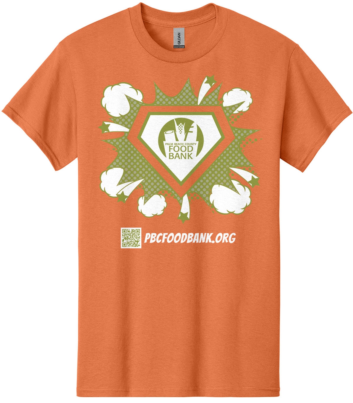 orange hunger hero t-shirt displaying comic style hero logo and explosion background with pbcfoodbank.org and qr code