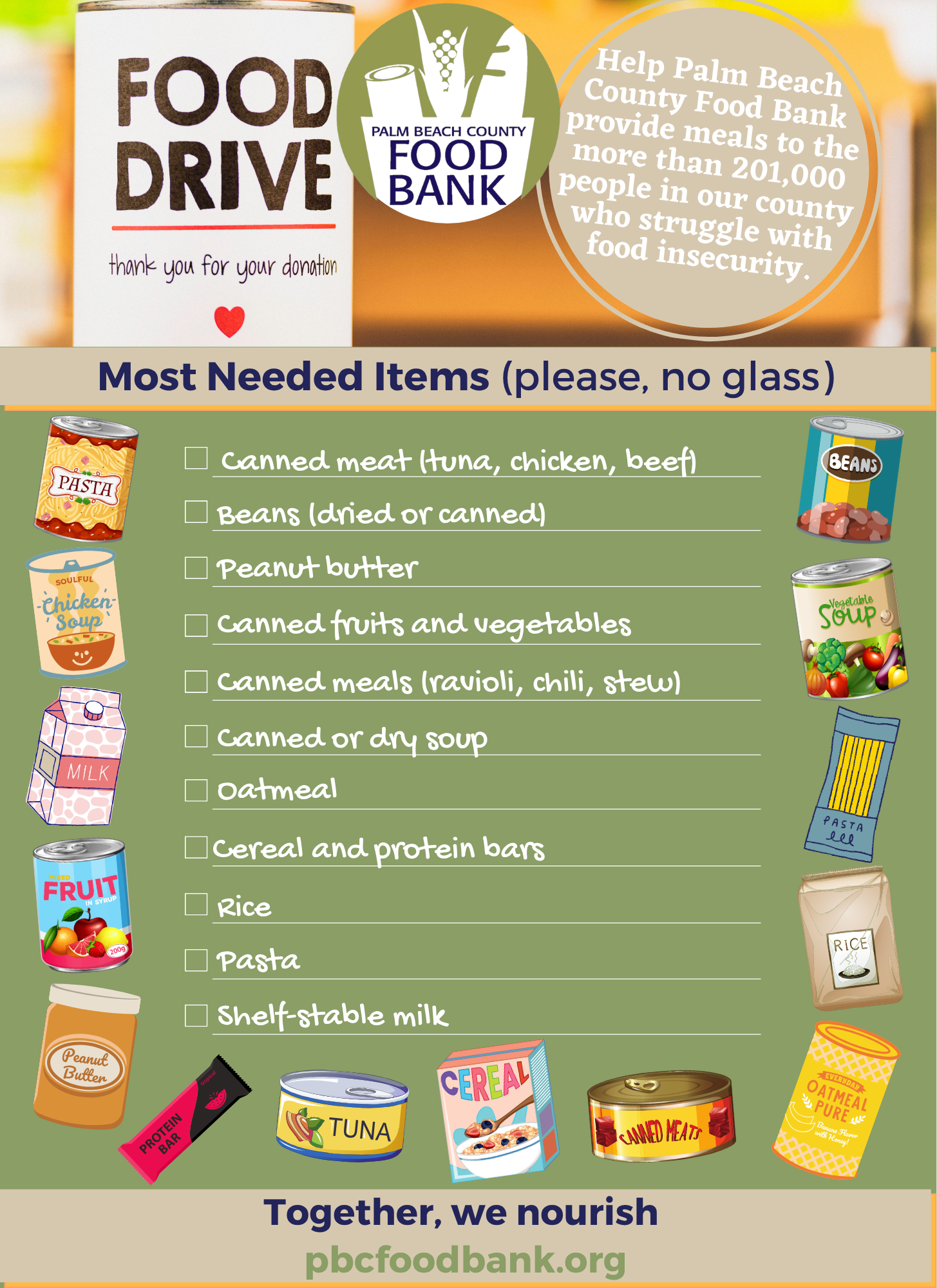 General food drive flyer and list for palm beach county food bank
