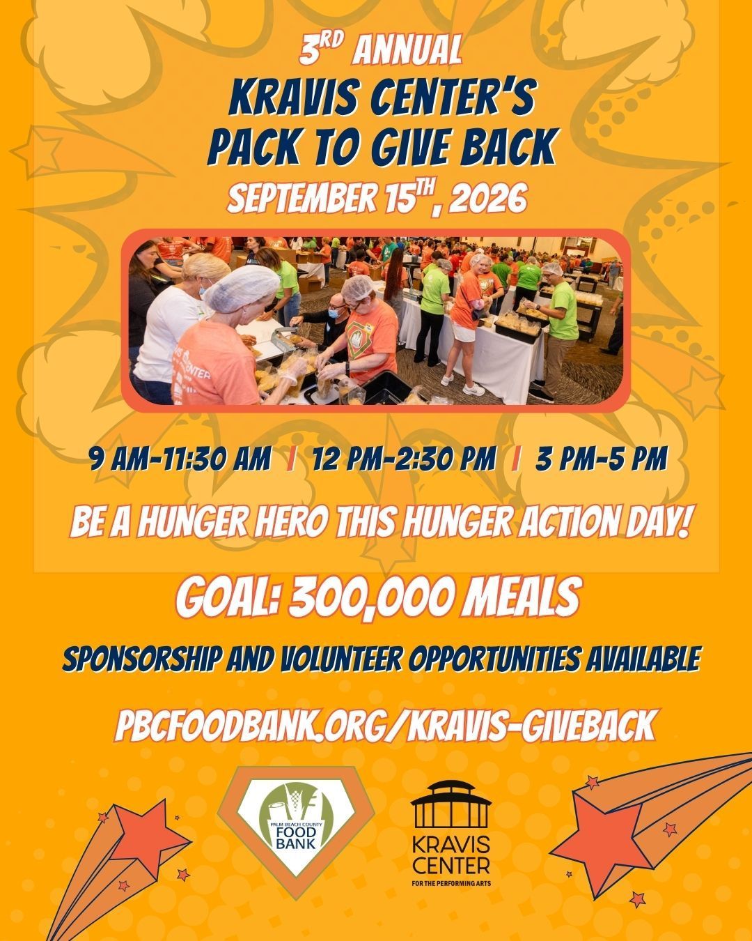 flyer for kravis center's pack to give back  meal packing event and fundraiser