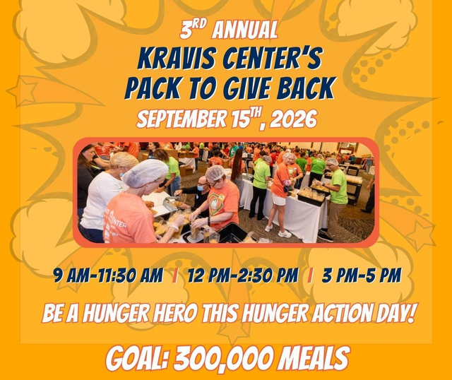 pack to give back at the kravis center banner with volunteer shifts and goal of 300,000 meals