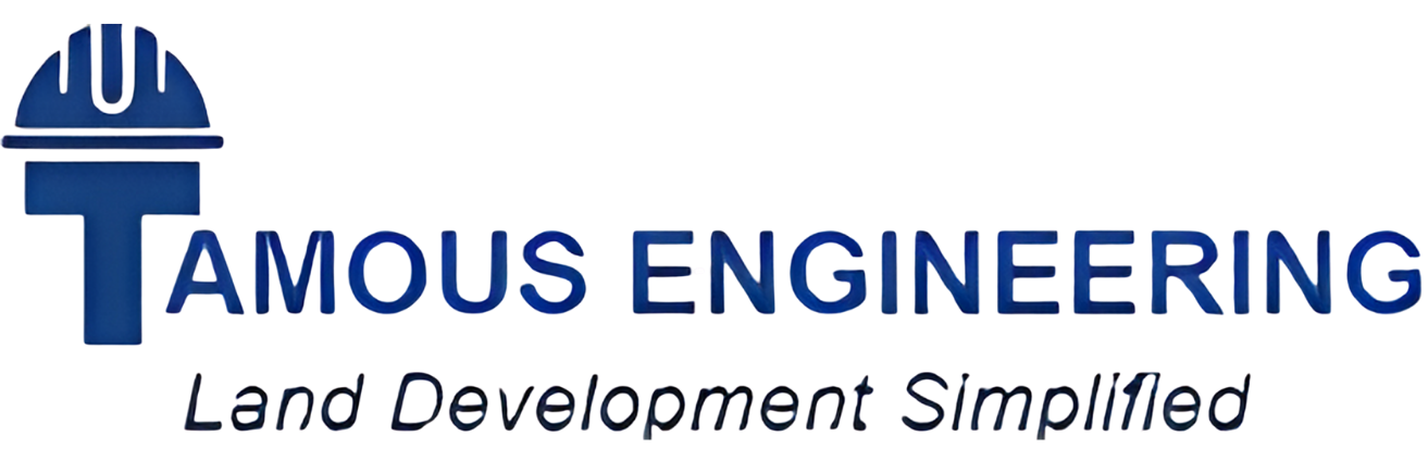 Tamous Engineering logo with blue icon and tagline “Land Development Simplified”