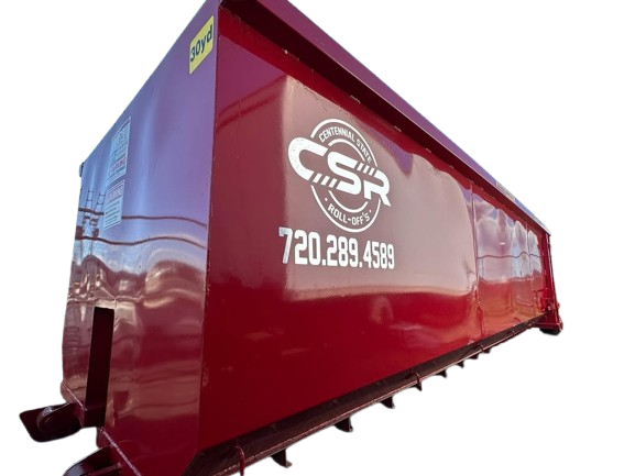Red CSR roll-off dumpster with white logo and phone number.