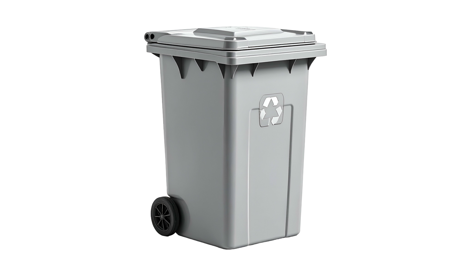 Gray recycling bin with lid and wheel, containing recycle symbol.