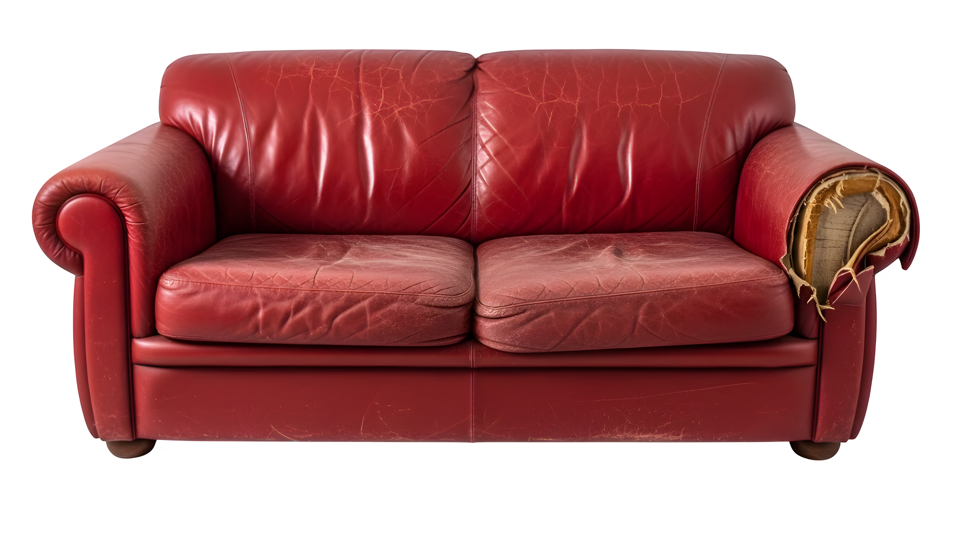 Red leather couch, worn, with exposed foam on one arm.