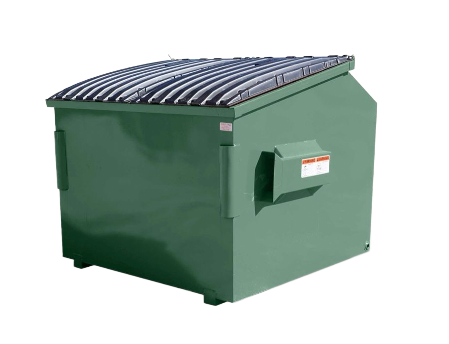Green metal dumpster with ribbed lid.