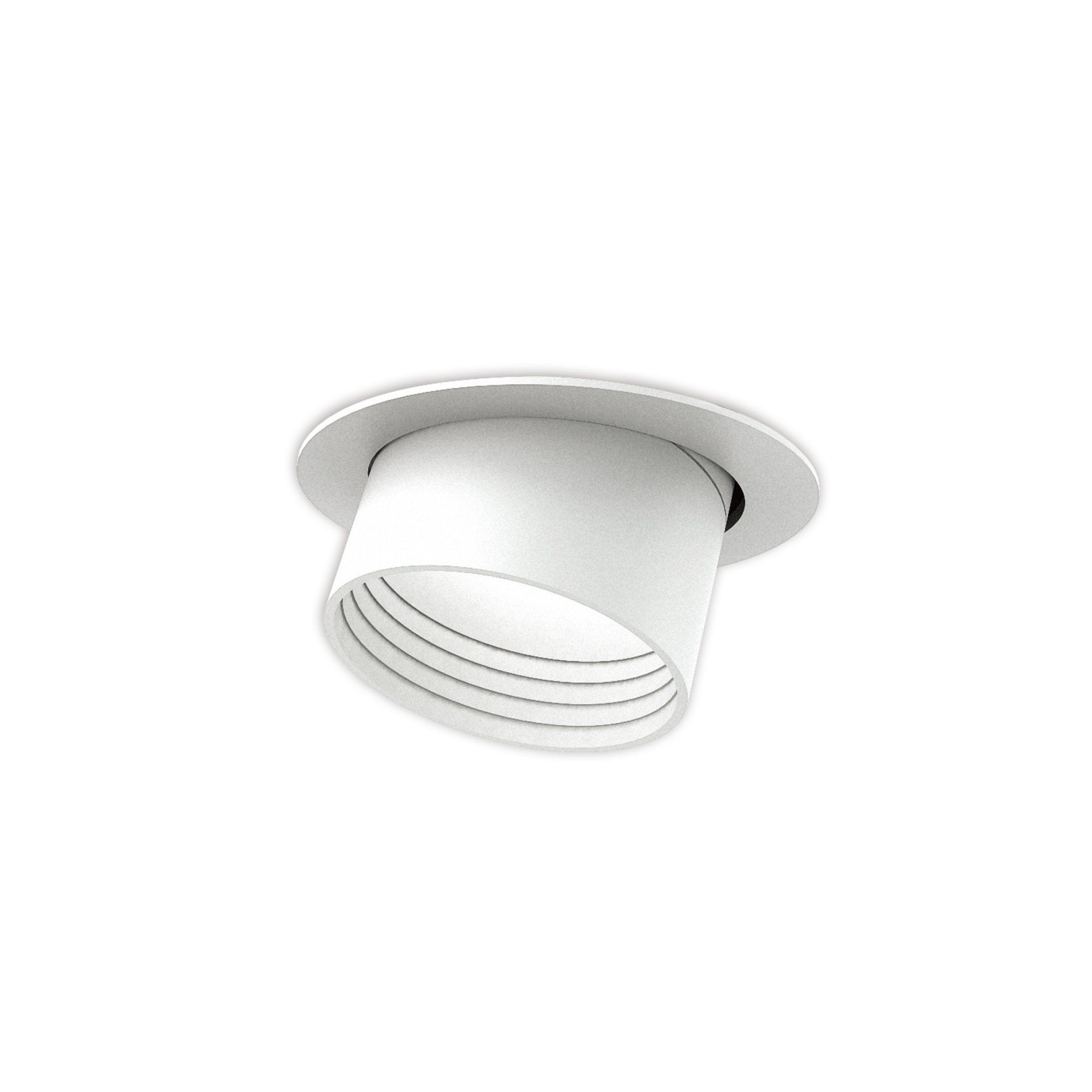 White recessed adjustable downlight fitting on a plain grey background.