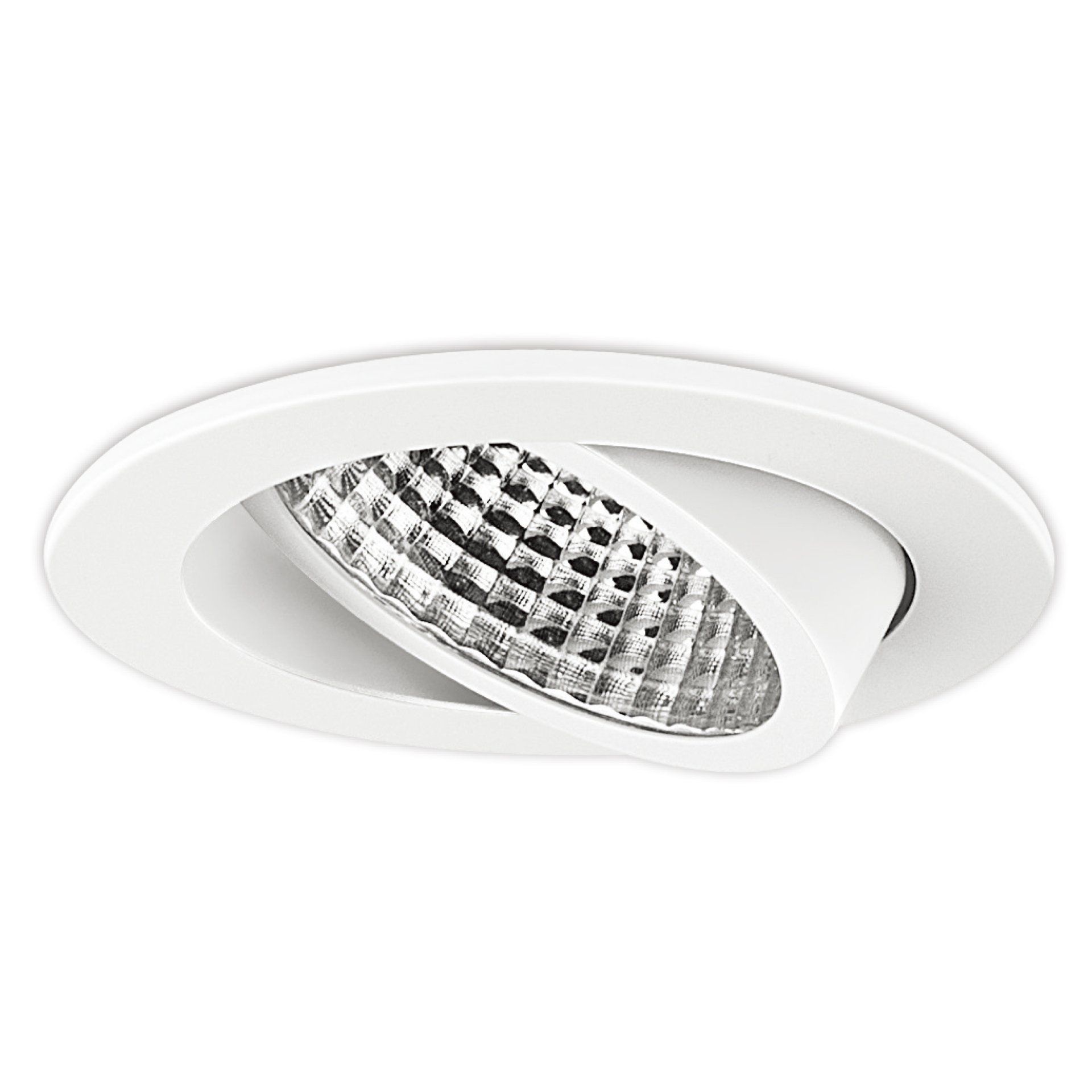White recessed adjustable LED downlight with a reflective lens and angled trim on a plain grey background.
