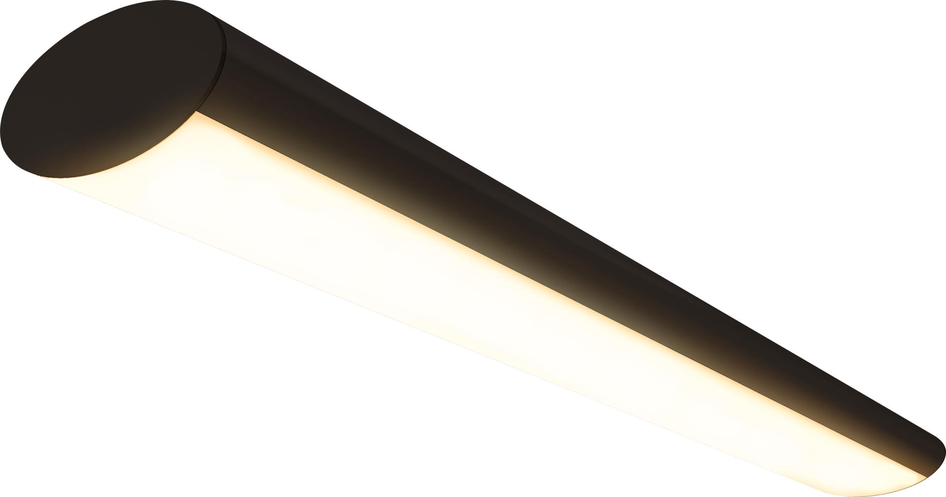 Black cylindrical linear LED light fixture with an illuminated diffuser and rounded end cap on a transparent background.