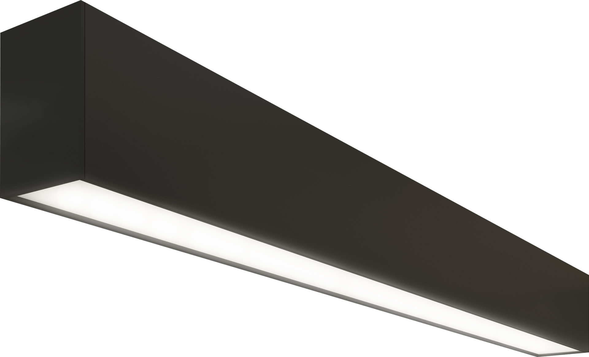 Black linear LED light fixture with a rectangular housing and diffused light panel on a transparent background.