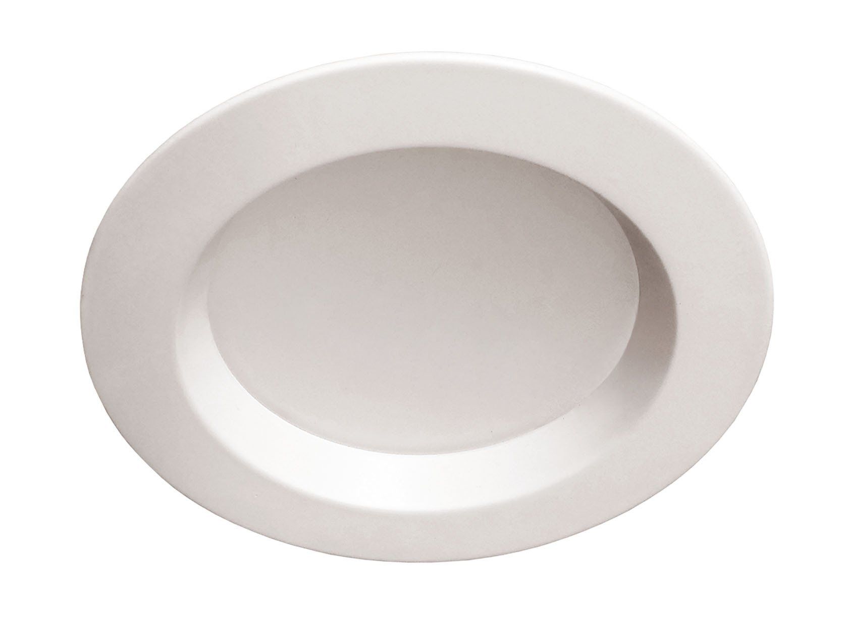 White recessed LED downlight with a round trim and frosted diffuser on a plain grey background.