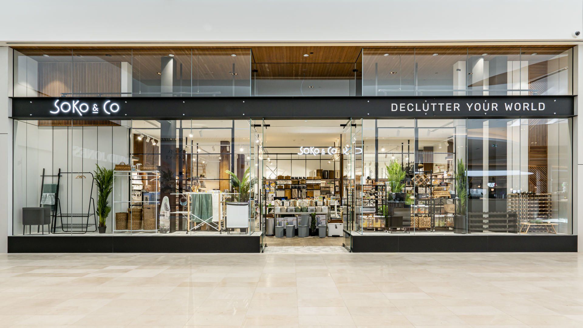 Modern Soko & Co retail store frontage with glass windows displaying home organisation, storage and household products inside a shopping centre.