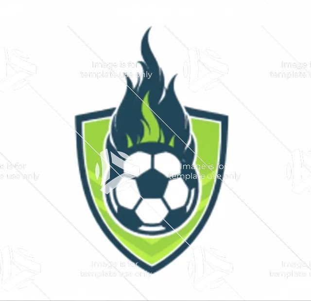 Green shield soccer logo with a flaming ball in black, white, and lime green