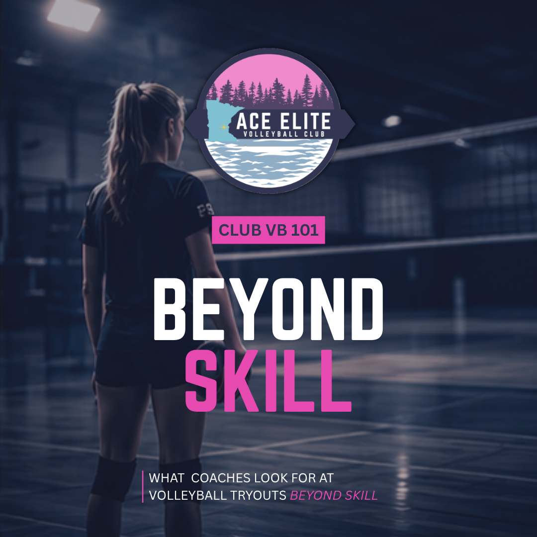 Woman in gym beside “ACE ELITE” poster reading “BEYOND SKILL” in white and pink.