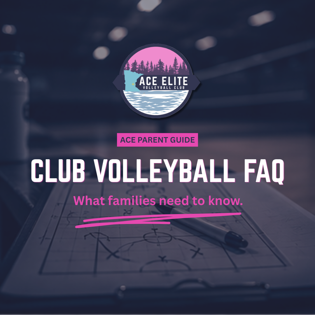 Ace Elite Club Volleyball FAQ graphic with pink text over a dark volleyball court background.
