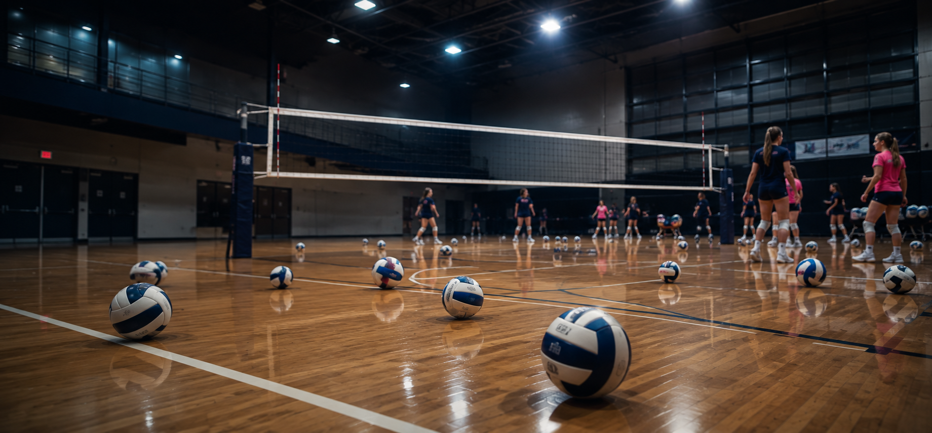 Indoor volleyball practice with players, scattered balls, and a net on a polished gym floor.