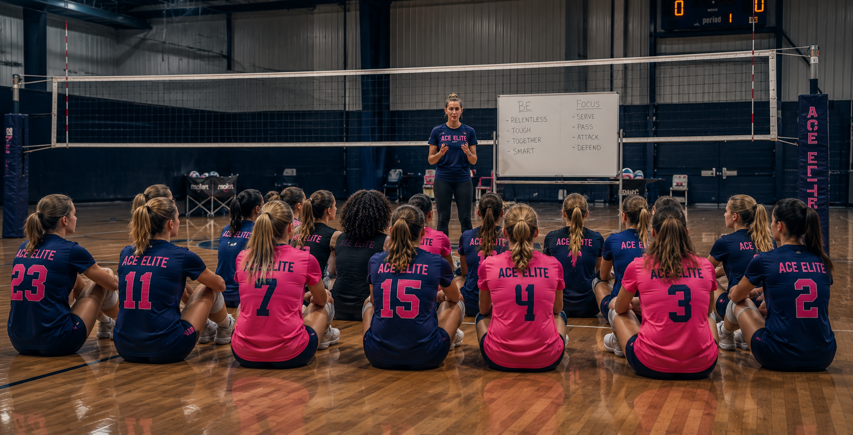 Volleyball team in pink and navy uniforms seated on a gym floor, watching a coach near a whiteboard