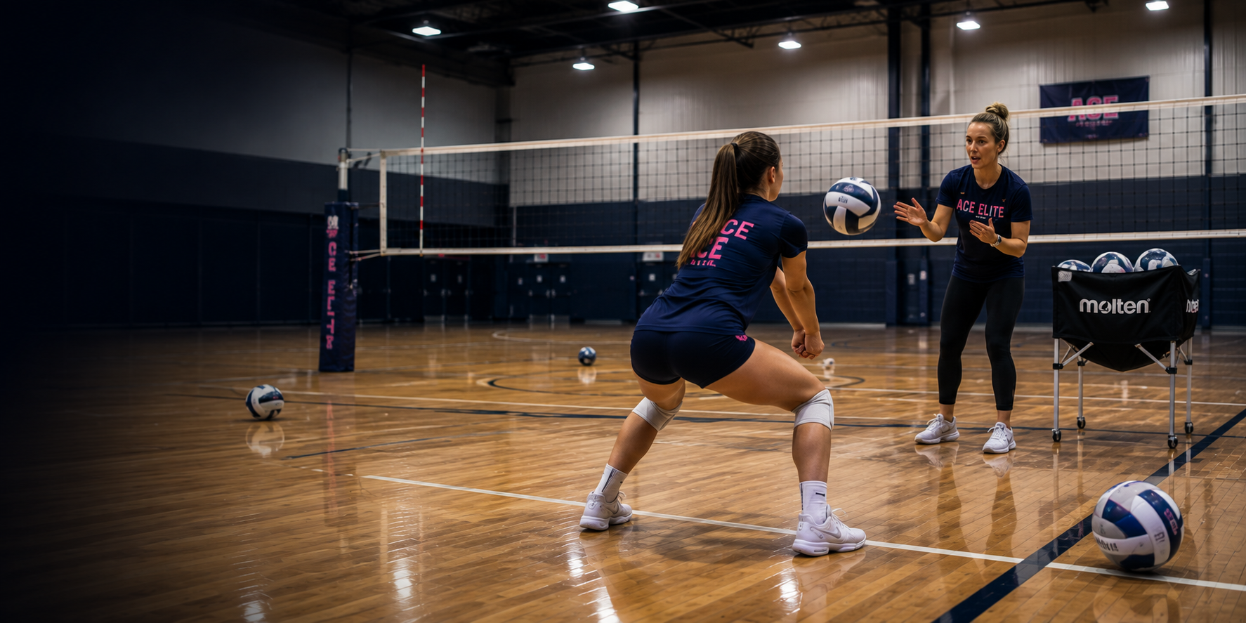 Indoor volleyball practice with two players on a court, one crouched to receive a ball, several volleyballs nearby.