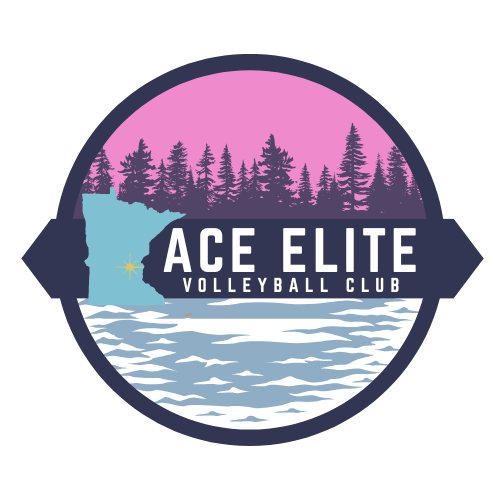 Ace Elite Volleyball Club logo with sunset, pine trees, waves, and navy banner