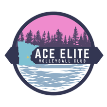 Ace Elite Volleyball Club logo with sunset, pine trees, waves, and navy banner