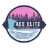 Ace Elite Volleyball Club logo with sunset, pine trees, waves, and navy banner