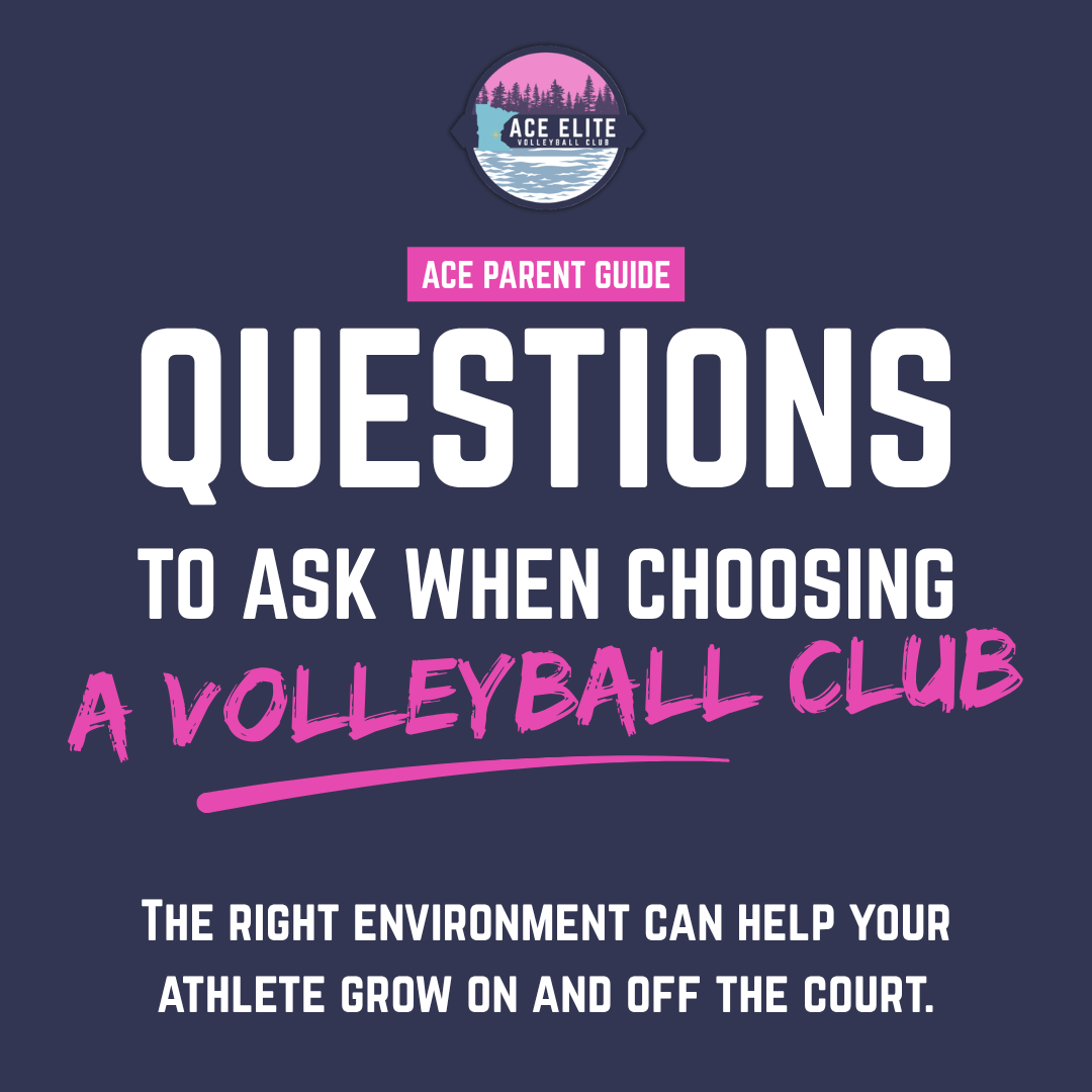 Purple poster: “Questions to Ask When Choosing a Volleyball Club” with a pink “Age Parent Guide” label.