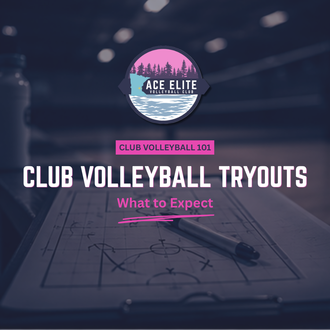 Club volleyball tryouts poster with ACE Elite logo and a volleyball court clipboard background