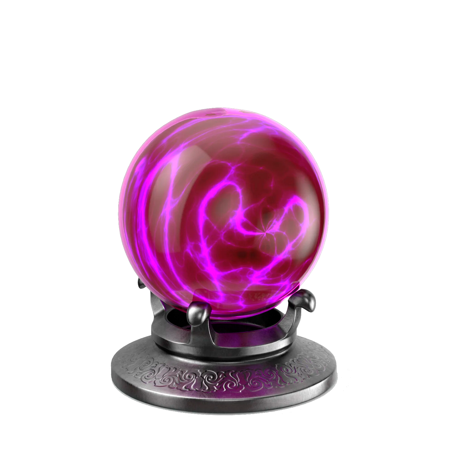 Glowing pink energy sphere in a silver stand.