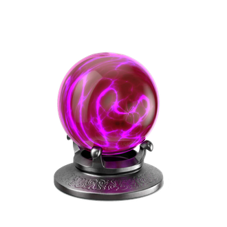 Glowing pink energy sphere in a silver stand.