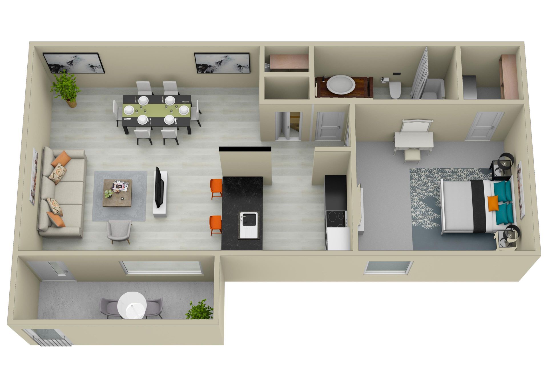 An aerial view of a floor plan of a house.