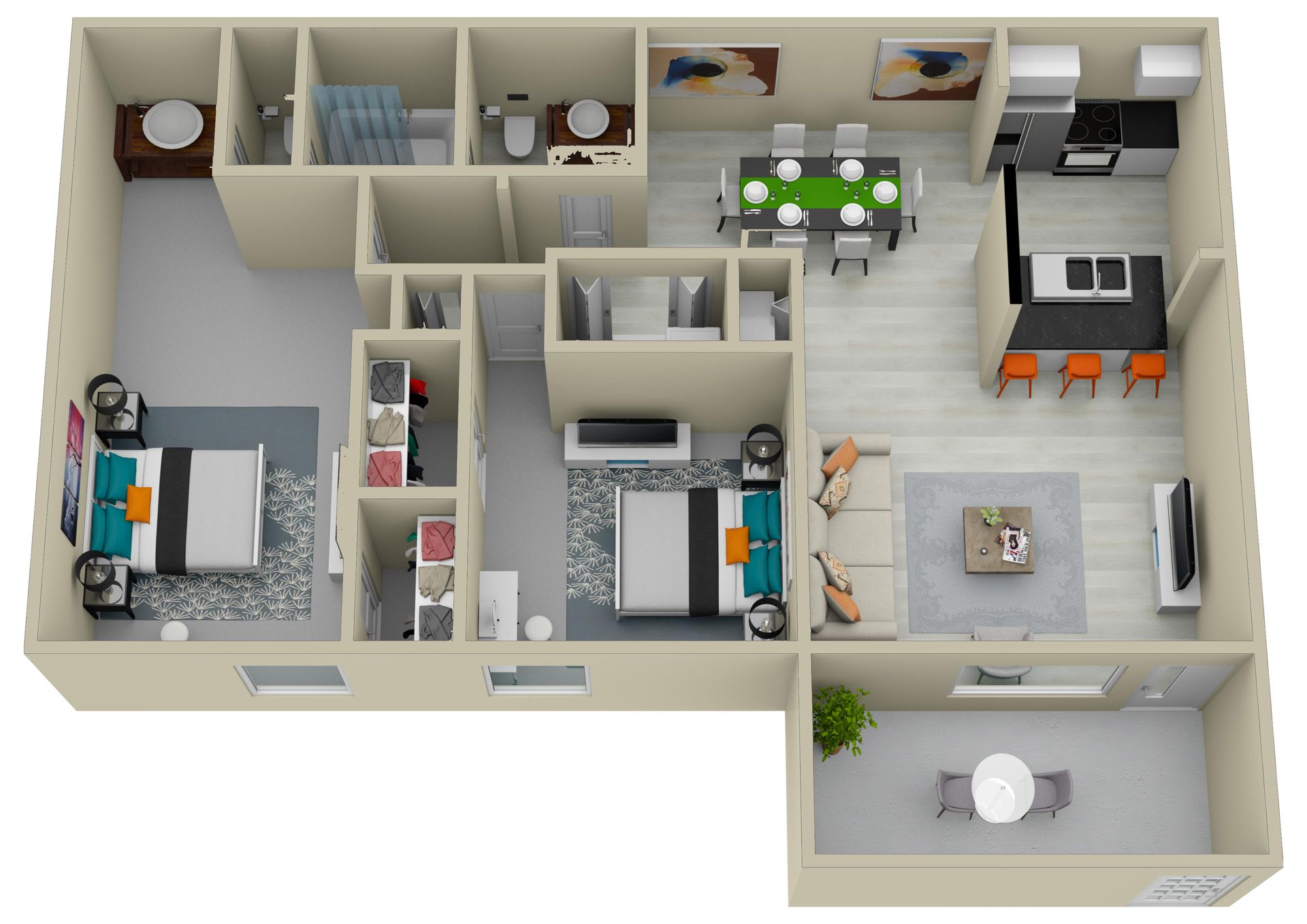 A 3d floor plan of a house with two bedrooms and a dining room.