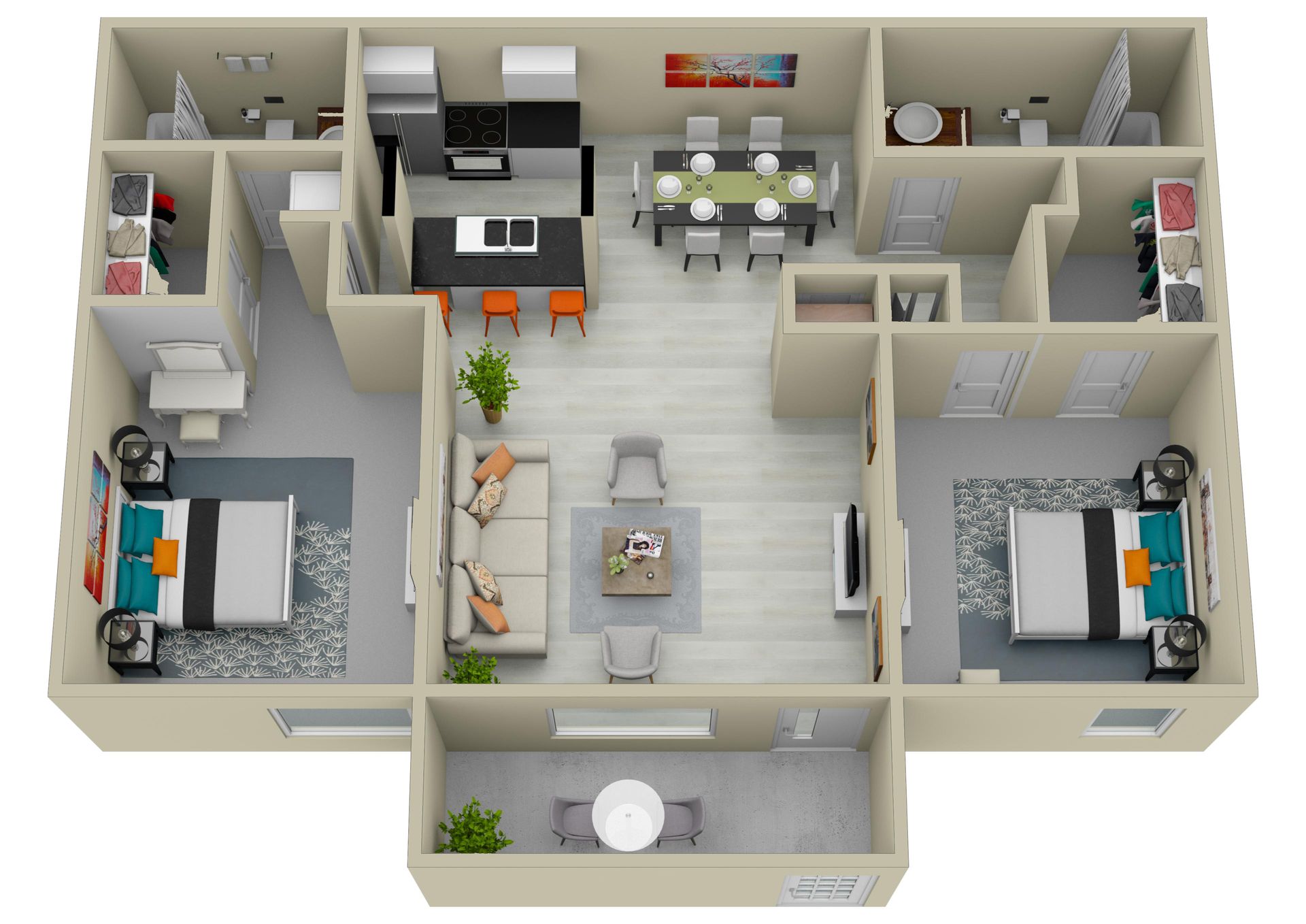 A 3d floor plan of a house with two bedrooms