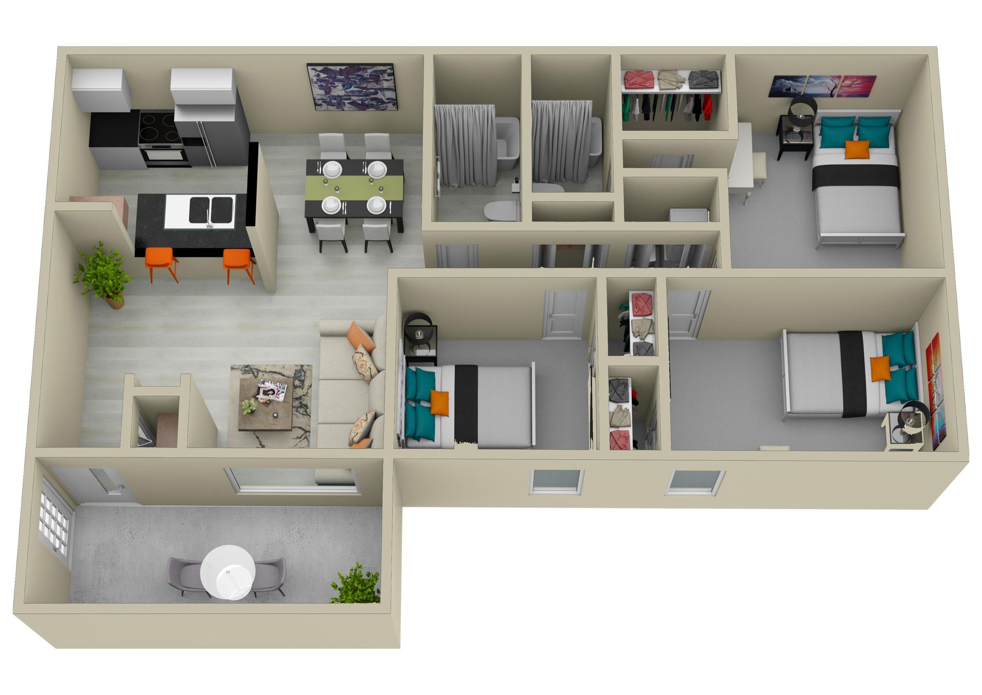 A 3d floor plan of a house with three bedrooms and a balcony.